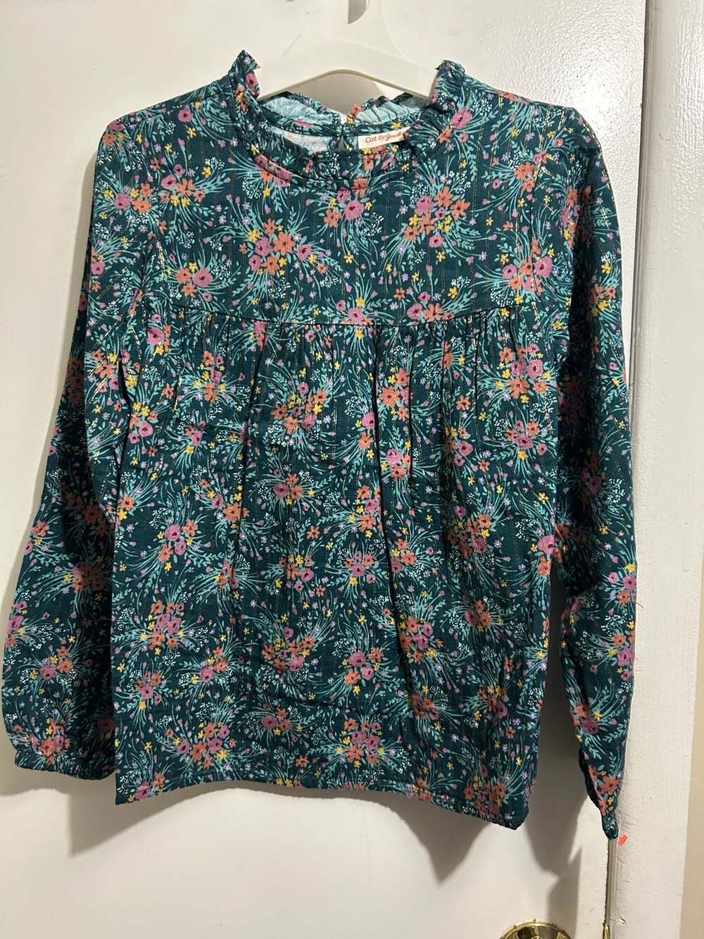 Cat & Jack Girls Ruffled Neck Long Sleeve Floral Blouse